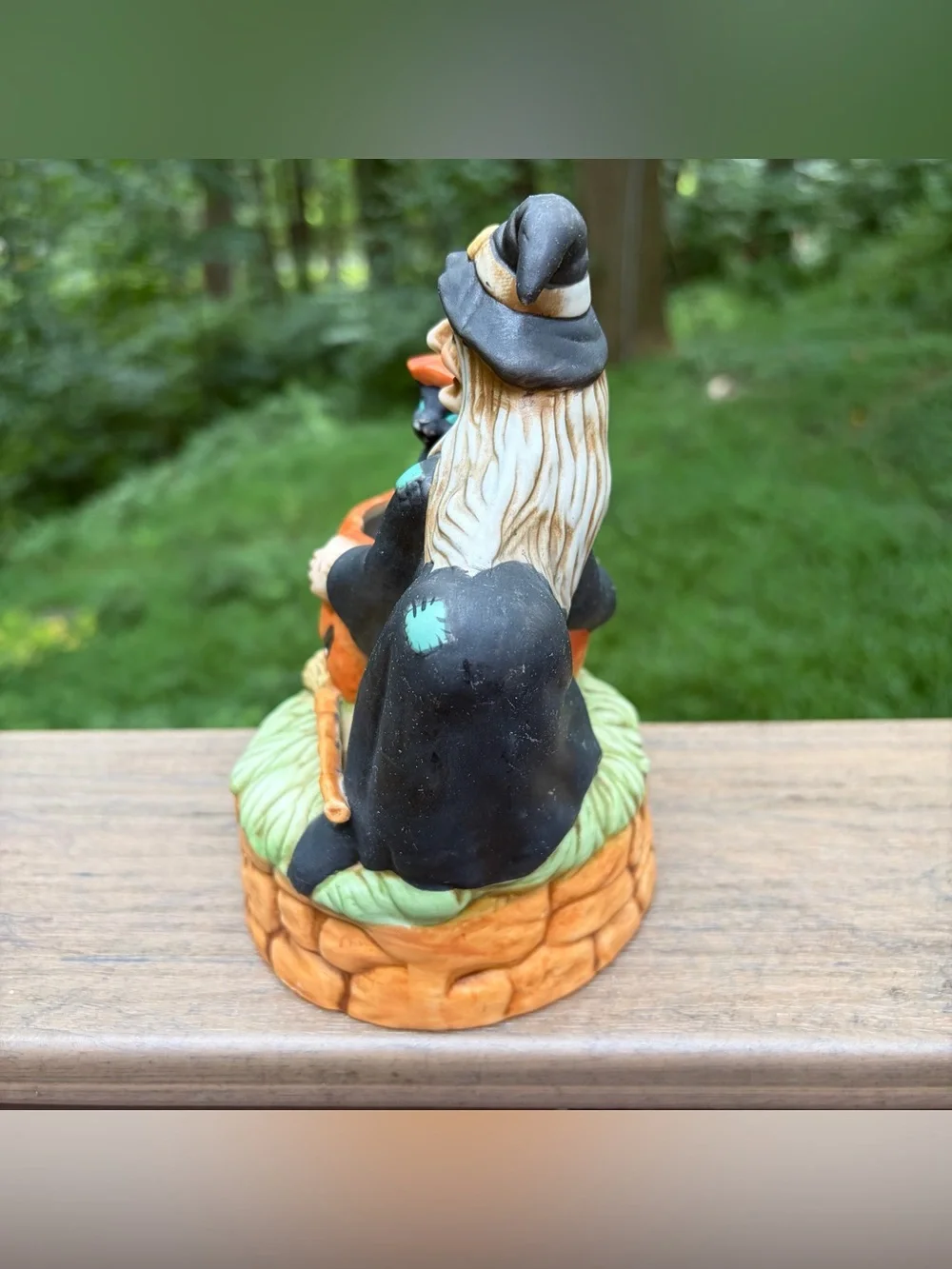 Vintage Ceramic Halloween Witch Jack-O-Lantern Black Cat Music Box Working